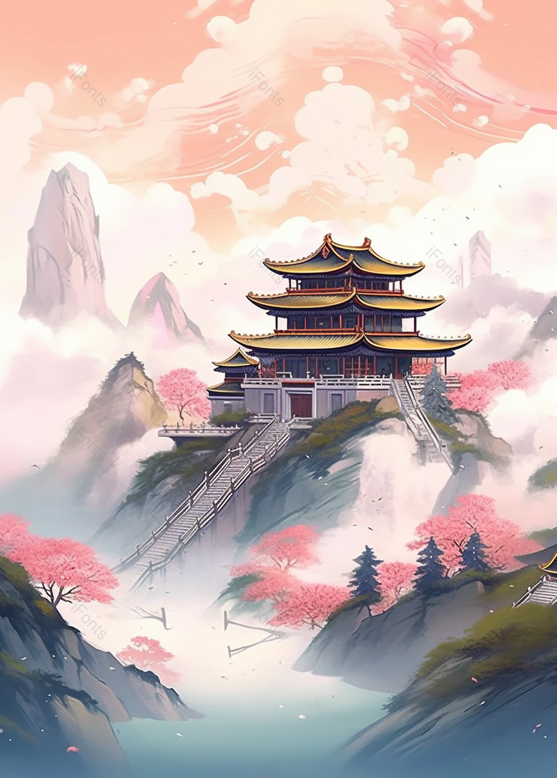 国潮古风高山上的房屋建筑背景,插画/手绘图,插画/手绘图库,插画/手绘图下载,插画/手绘